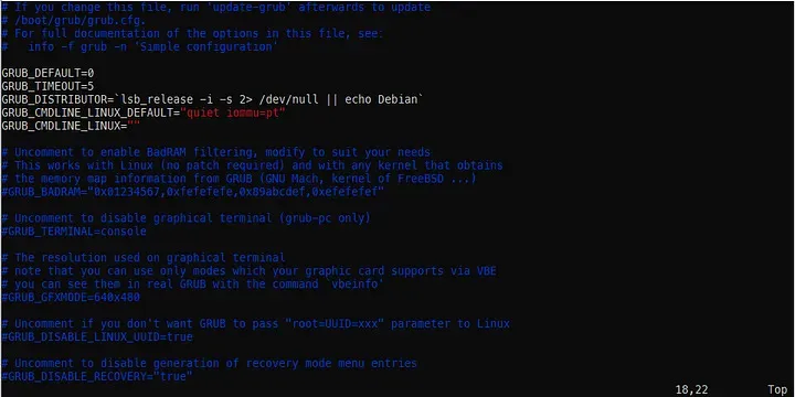 Image of /etc/default/grub file